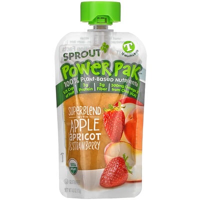 Sprout Organic Power Pak, 12 Months & Up, Superblend with Apple Apricot & Strawberry, 4.0 oz (113 g)