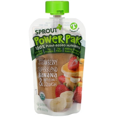 Sprout Organic Power Pak, 12 Months & Up, Strawberry with Superblend Banana & Butternut Squash, 4.0 oz (113 g)
