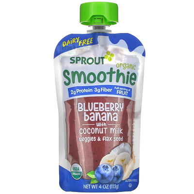 Sprout Organic Organic Smoothie, Toddler, Blueberry Banana wit Coconut Milk Veggies & Flax Seed , 4 oz (113 g)