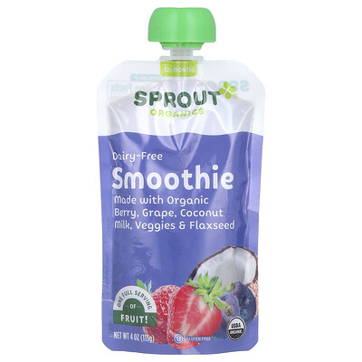 Sprout Organics  Baby Food  Dairy-Free Smoothie  12 Months & Up   Berry  Grape  Coconut Milk  Veggies & Flaxseed  4 oz (113 g)