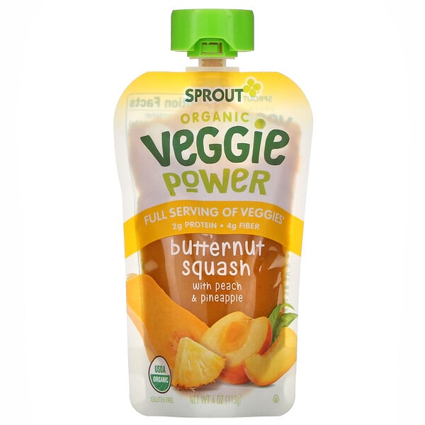 Sprout Organic, Veggie Power, мускатная тыква с персиком и ананасом, 113 г (4 унции)