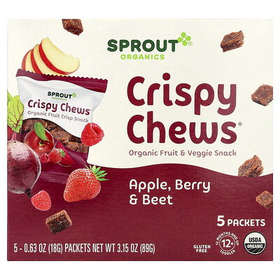 Sprout Organics, Crispy Chews®, Bocadillos de frutas y vegetales orgánicos, 12 meses en adelante, Manzana, bayas y remolacha, 5 sobres, 18 g (0,63 oz) cada uno