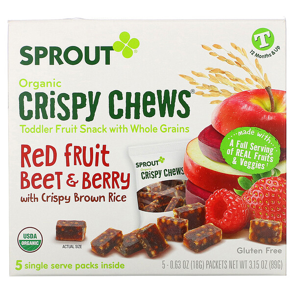 Sprout Organic, Crispy Chews（クリスピーチューズ）、12か月以上、サクサク玄米入りレッドフルーツビート＆ベリー、5袋、各18g（0.63オンス）