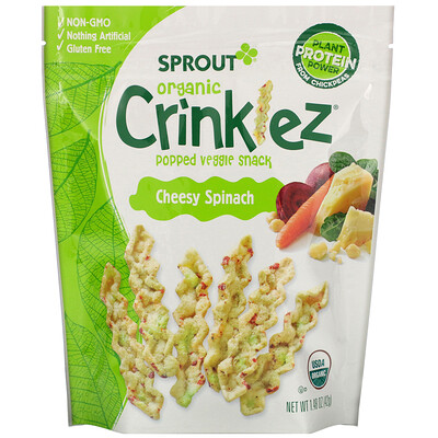 Sprout Organic Crinklez, хрустящий овощной снек, сыр и шпинат, 42 г