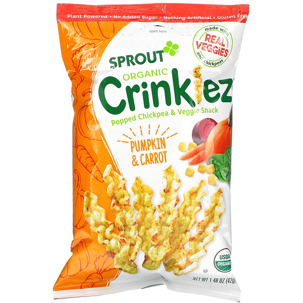 Sprout Organic, Crinklez，膨化鷹嘴豆和蔬菜零食，12 個月及以上，南瓜和胡蘿蔔，1.484 盎司（42 克）