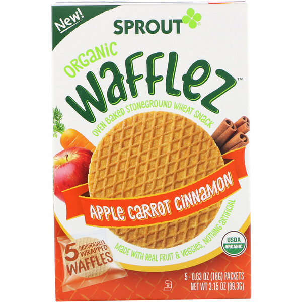 Sprout Organic, Wafflez（ワッフルズ）、リンゴ ニンジン シナモン、5袋入り、18g（0.63オンス）