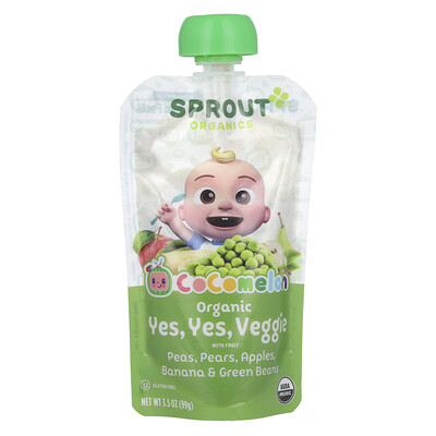 Sprout Organics  Cocomelon  Organic Yes  Yes  Veggie with Fruit  8 Months and Up  Pea  Pears  Apples  Banana & Green Beans  3.5 oz (99 g)