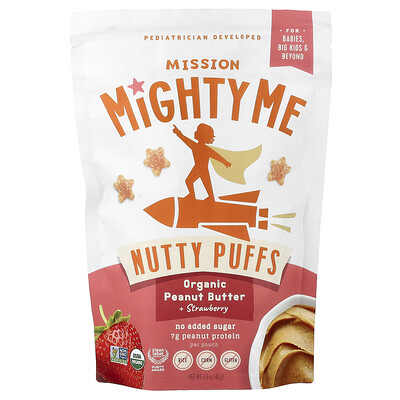 Mission MightyMe, Nutty Puffs, Mantequilla de maní orgánica con fresa, 42 g (1,5 oz)