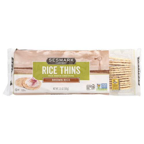Sesmark Rice Thins, Rice Snack Crackers, Brown Rice, 3.5 oz (100 g)