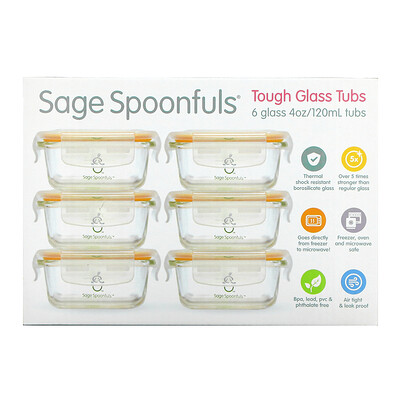 Sage Spoonfuls Tough Glass Tub, 6 упаковок по 120 мл (4 унции)