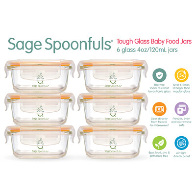 Sage Spoonfuls Tough Glass Tub, 6 упаковок по 120 мл (4 унции)