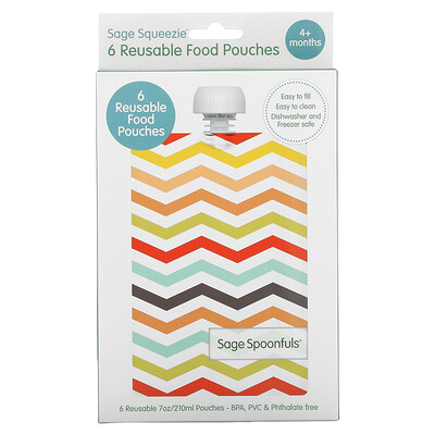 Sage Spoonfuls Многоразовые пакетики для еды, от 4 месяцев, 6 упаковок