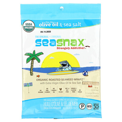 Купить SeaSnax упаковка органических обжаренных водорослей, оригинальный вкус, 5 больших листов, 15 г (0, 54 унции)
