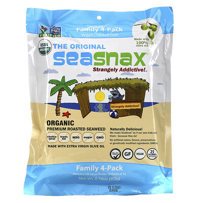 SeaSnax Classic Olive, Roasted Seaweed Snack, Four Pack, 5 sheets (.54 oz) Each