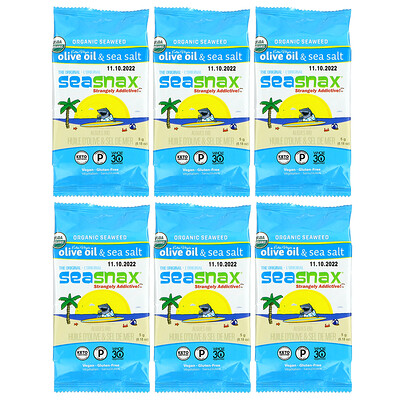 

SeaSnax, Organic Seaweed, Original, Extra Virgin Olive Oil & Sea Salt, 6 Pack, 0.18 oz (5 g) Each