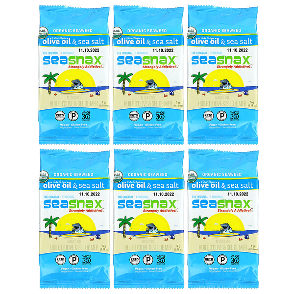 SeaSnax, 有機海藻，原味，高級初榨橄欖油和海鹽，6 包，每包 0.18 盎司（5 克）