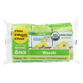 SeaSnax, Algas marinas orgánicas, Wasabi, 6 paquetes, 5 g (0,18 oz) cada uno