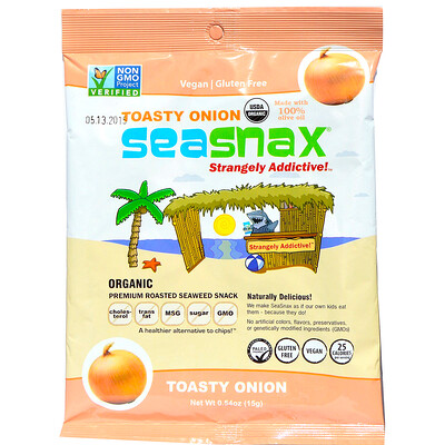 SeaSnax Organic Premium, обжаренные морские водоросли, поджаренный лук, 15 г (0,54 унции)