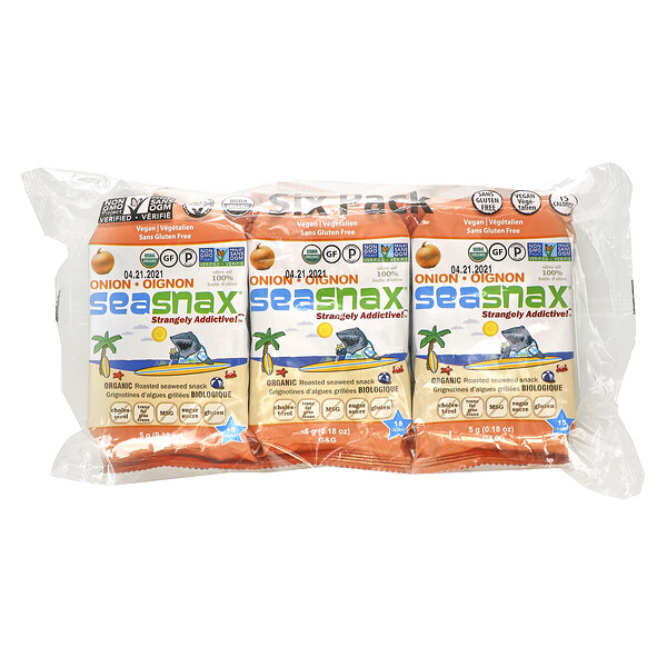 SeaSnax, Grab & Go, снеки из органических обжаренных водорослей премиального качества, со вкусом лука, 6 упаковок по 5 г (0,18 унций)