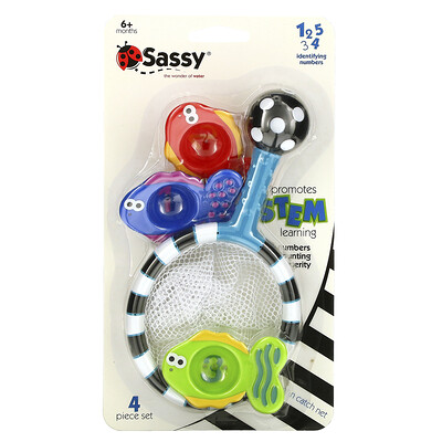 Купить Sassy Catch 'n Count Net, развивающие игрушки для купания, от 6 месяцев, набор из 4 предметов