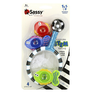 Sassy,  Developmental Bath Toy, Catch 'n Count Net, entwicklungsförderndes Badespielzeug, ab 6 Monate, 4-teiliges Set