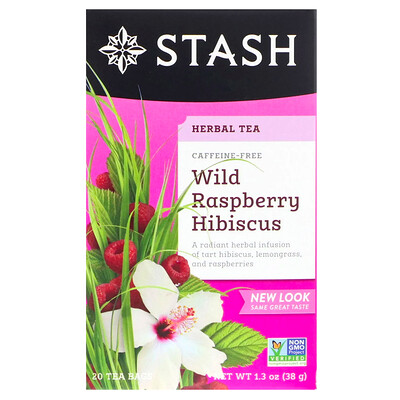 Stash Tea Herbal Tea, гибискус с дикой малиной, без кофеина, 20 чайных пакетиков, 38 г (1,3 унции)
