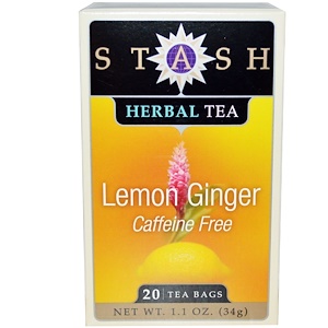 Stash Tea, Травяной чай высшего сорта, лимон и имбирь, без кофеина, 20 чайных пакетиков, 1,1 унции (34 г)