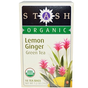 Stash Tea, Органический зеленый чай высшего сорта, лимон и имбирь, 18 чайных пакетиков, 1,2 унции (36 г)