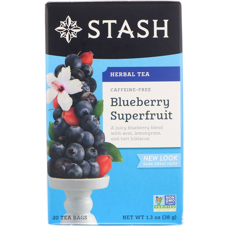 Stash Tea, Herbal Tea, Blueberry Superfruit, Caffeine Free, 20 Tea Bags