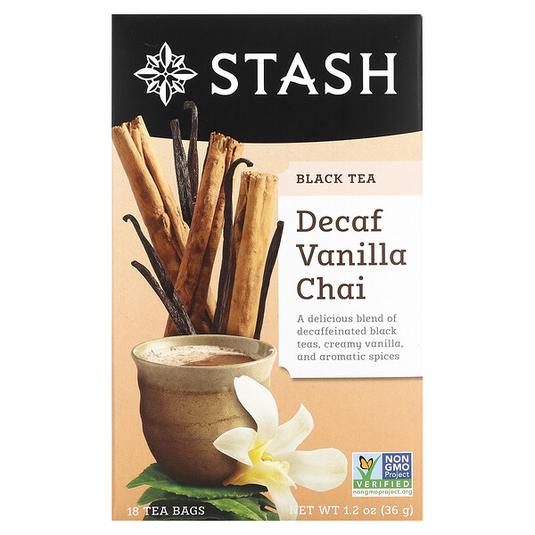 Stash Tea‏, תה שחור, וניל צ'אי נטול קפאין, 18 שקיות תה, 1.2 אונקיות (36 גרם)
