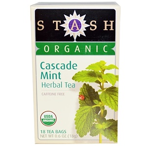 Stash Tea, Высший сорт, органический травяной чай Cascade Mint, без кофеина, 18 чайных пакетиков, 0,6 унции (18 г)
