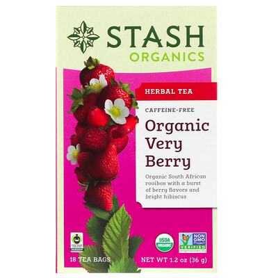 Stash Tea Органический травяной чай, ягодный, без кофеина, 18 чайных пакетиков, 1,2 унции (36 г)