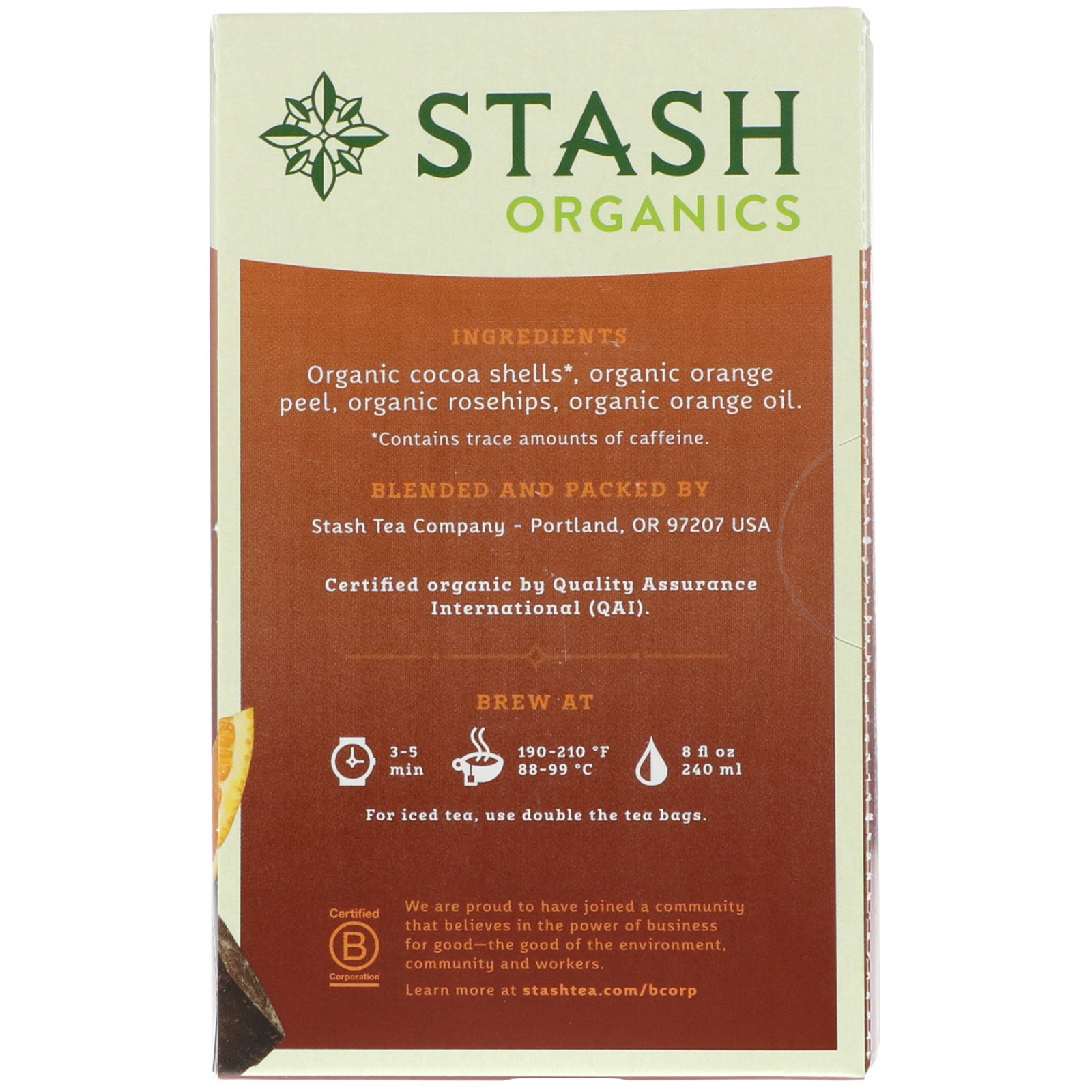 Stash Tea, Herbal Tea, Organic Chocolate Orange, Caffeine Free, 18 Tea ...