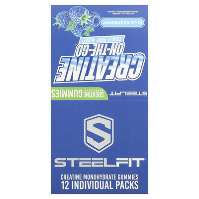 SteelFit, Creatine On-The-Go™, Gomitas con monohidrato de creatina, Frambuesa azul, 12 paquetes, 22 g (0,8 oz) cada uno