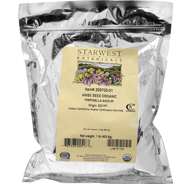 Starwest Botanicals‏, Anise Seed Whole, Organic, 1 lb (453.6 g)