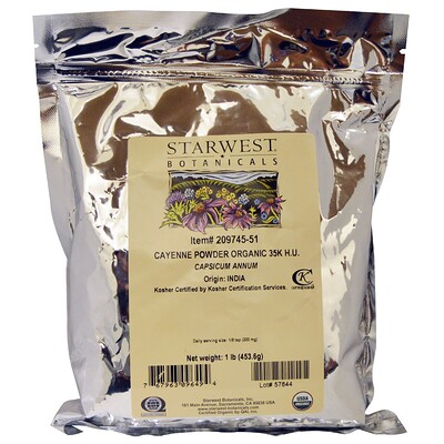 Starwest Botanicals Порошок органического кайенского перца, 35K H.U., 1 унция (453.6 г)