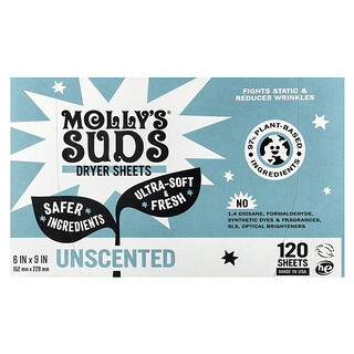 Molly's Suds, Droogtrommeldoekjes, ongeparfumeerd, 120 velletjes