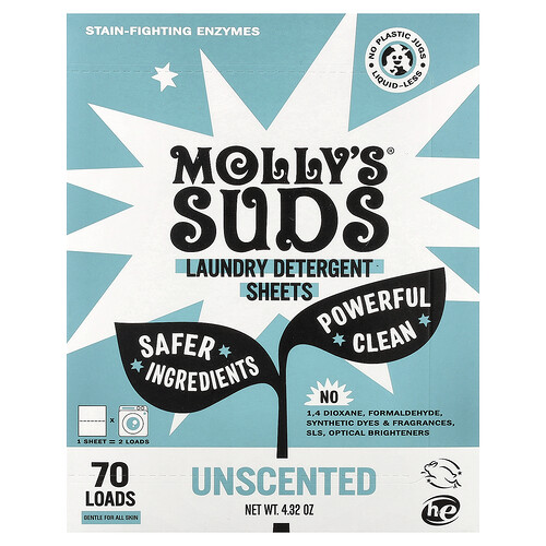 Molly's Suds Laundry Detergent Sheets, Unscented, 35 Sheets
