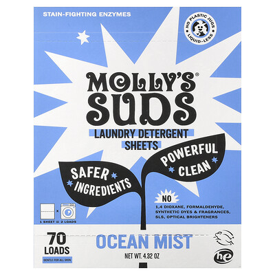 Molly's Suds, Detergente para la ropa en hojas, Bruma marina, 35 hojas
