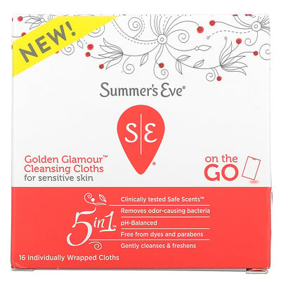 Купить Summer's Eve Очищающие салфетки 5 в 1 Golden Glamour, для использования в дороге, 16 салфеток в индивидуальной упаковке