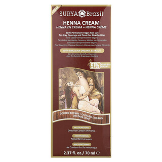 Surya Brasil, Crema de henna, Tinte capilar vegano semipermanente para cubrir las canas y tónico para cabello decolorado, Castaño dorado, 70 ml (2,37 oz. líq.)