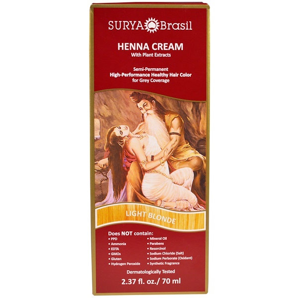 Surya Brasil, ヘナクリーム、 ハイパフォーマンス・ヘルシー白髪染めヘアカラー、 ライトブロンド、  2.37 液量オンス (70 ml)