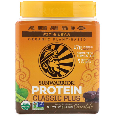 Sunwarrior Classic Plus Protein, органический продукт на растительной основе, шоколад, 13,2 унц. (375 г)