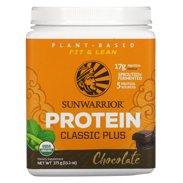Sunwarrior‏, חלבון Classic Plus, מבוסס-צמחים אורגני, בטעם שוקולד, 375 גרם (13.2 אונקיות)