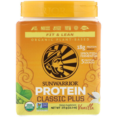 Sunwarrior Classic Plus Protein, органический растительный, ваниль, 13,2 унц. (375 г)