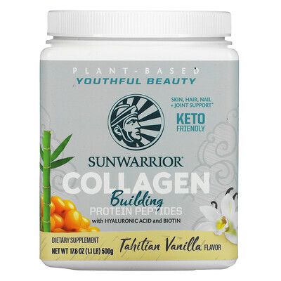 Sunwarrior Collagen Building Protein Peptides with Hyaluronic Acid and Biotin, Tahitian Vanilla, 17.6 oz (500 g)