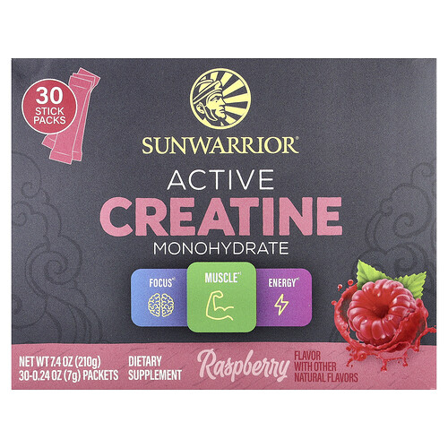 Sunwarrior Active Creatine Monohydrate, Raspberry, 30 Packets, 0.24 oz (7 g) Each
