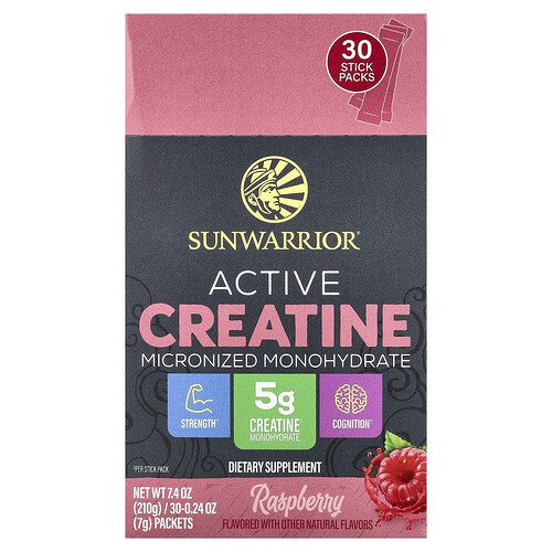 Sunwarrior, Aktives Kreatin, mikronisiertes Monohydrat, Himbeere, 30 Beutel, je 7 g