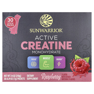 Sunwarrior, Monohidrato de creatina activa, Frambuesa, 30 sobres, 7 g (0,24 oz) cada uno