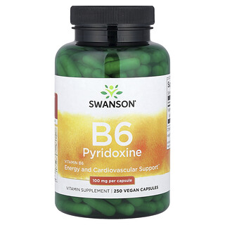 Swanson Vitamins, Vitamina B6, Piridoxina, 100 mg, 250 cápsulas veganas